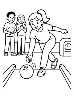 Free printable Girl Bowling With Cheering Friends coloring page