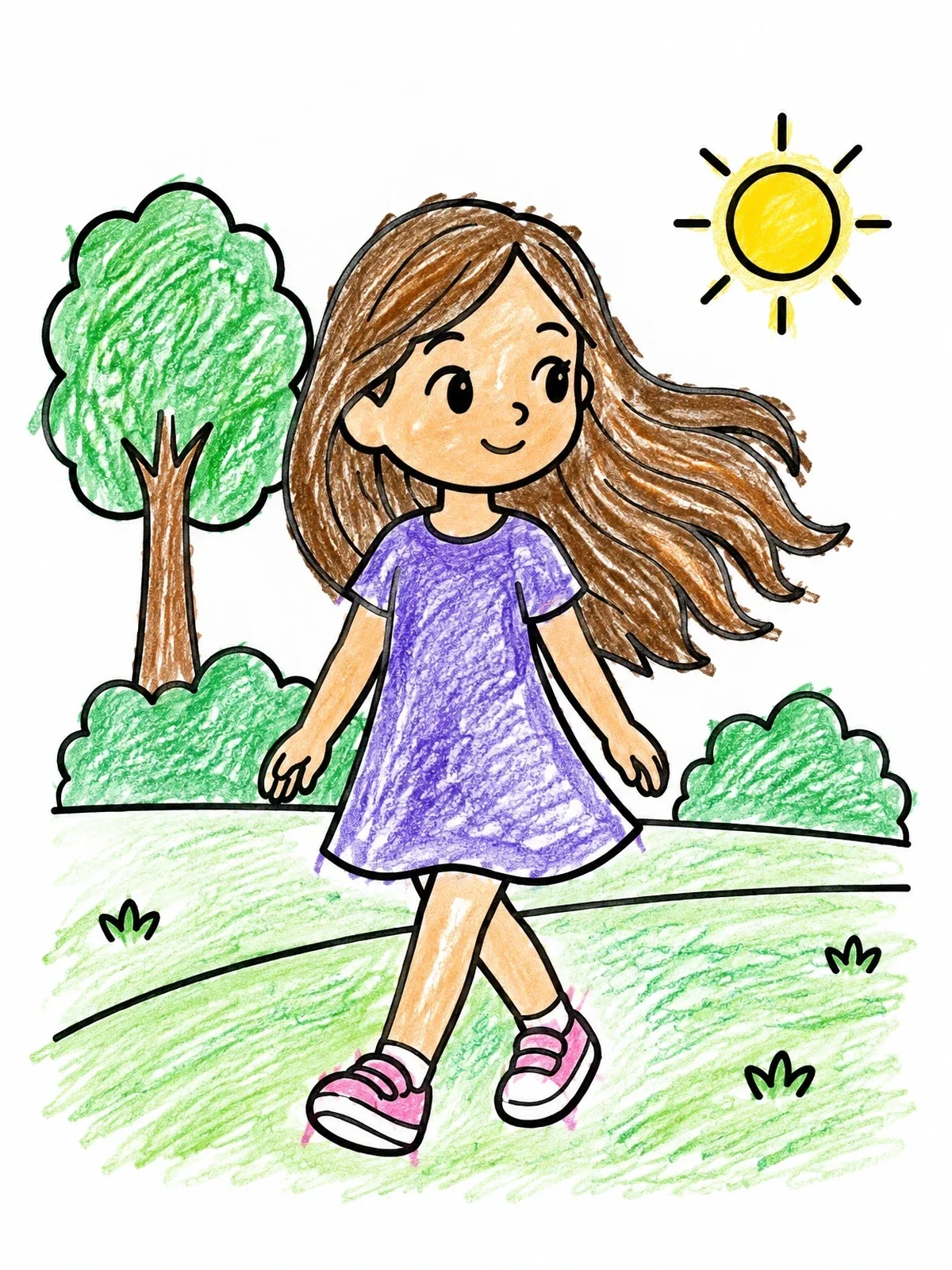 Colored example of the Girl With Breezy Hair In Park coloring page