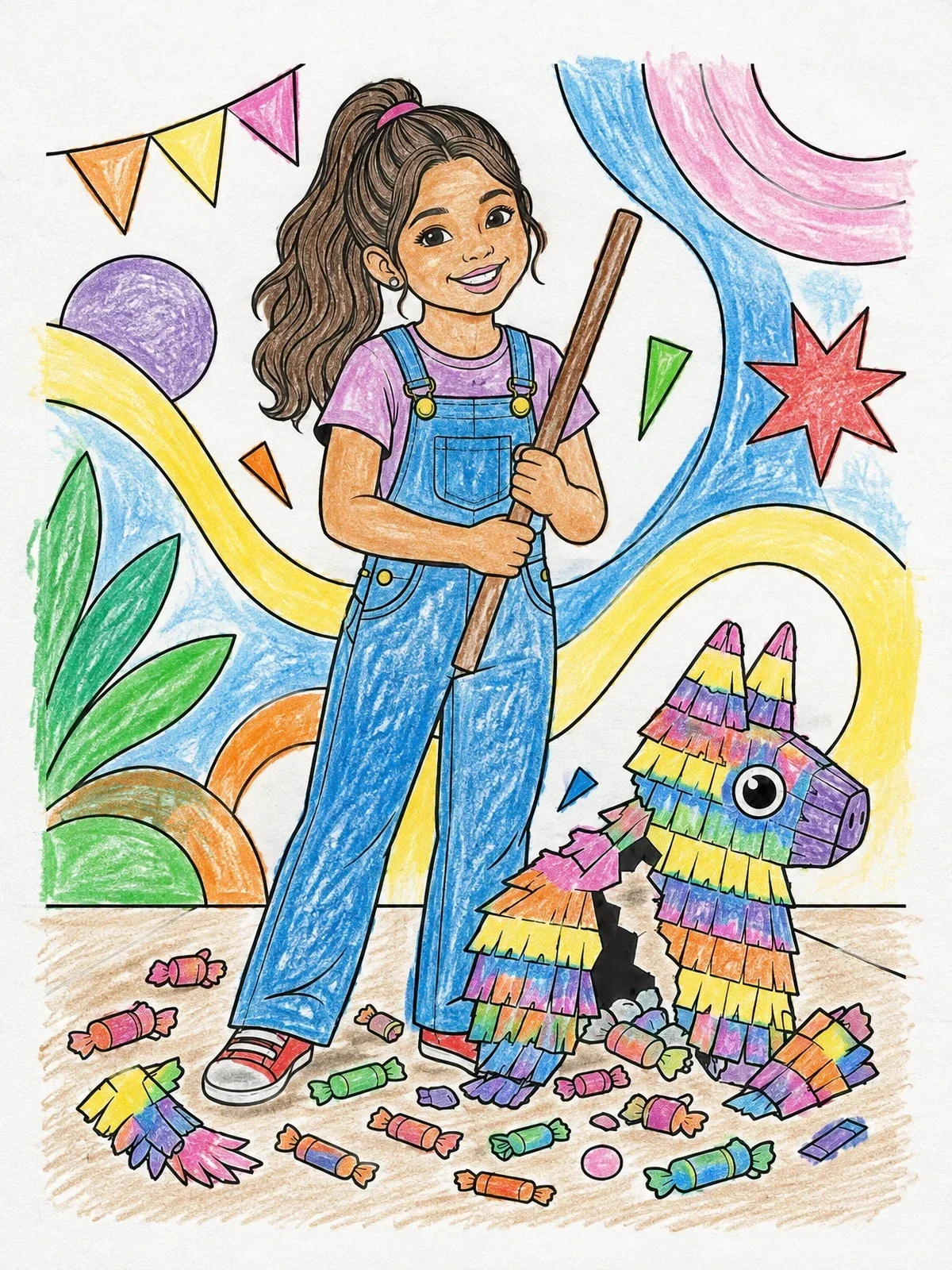 Colored example of the Girl With Broken Piñata And Candies coloring page