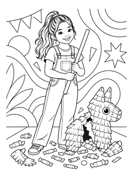 A smiling girl holding a stick on this pinata coloring page surrounded by fallen candy.