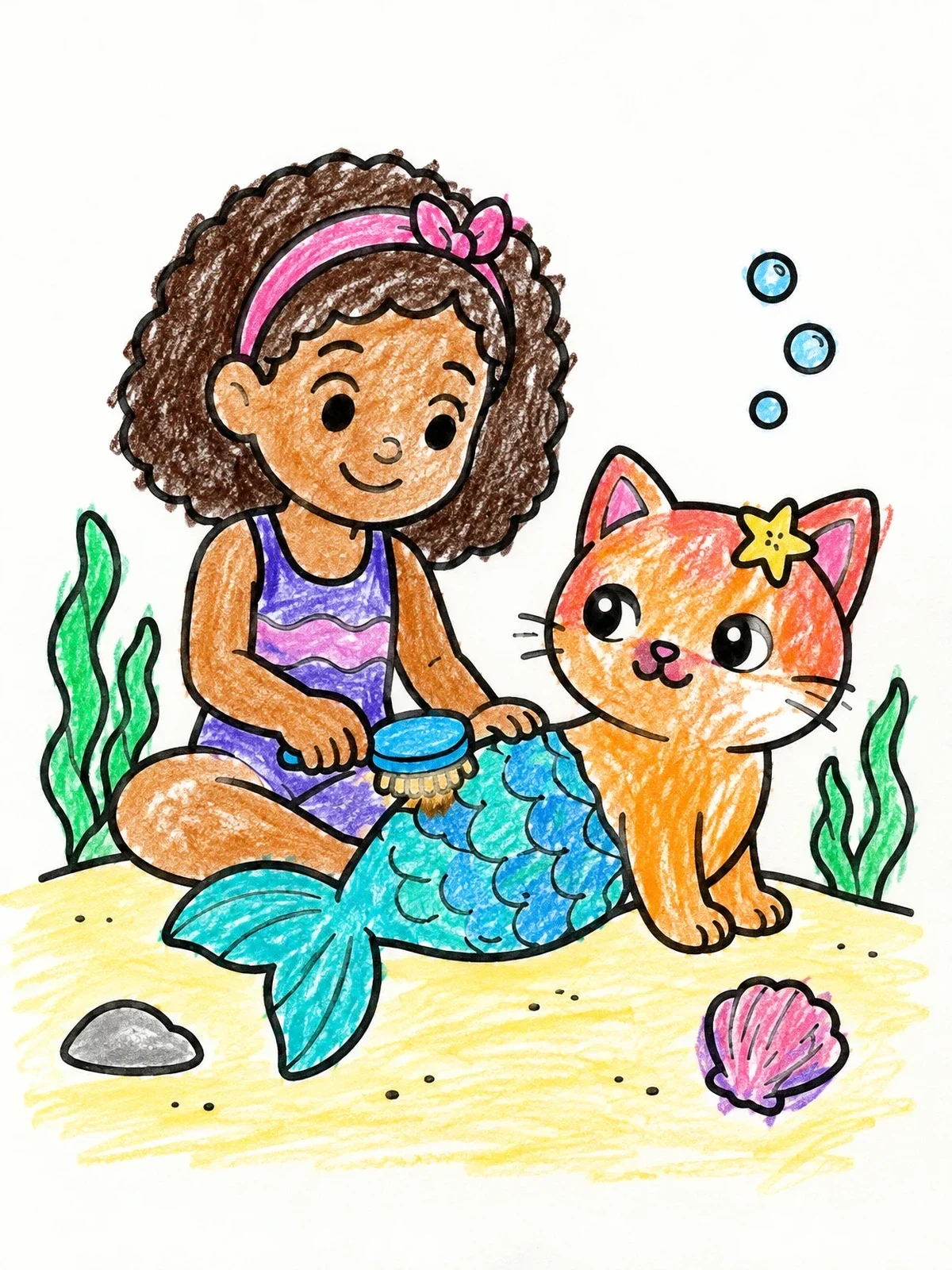 Colored example of the Girl Brushing A Cute Mercat coloring page
