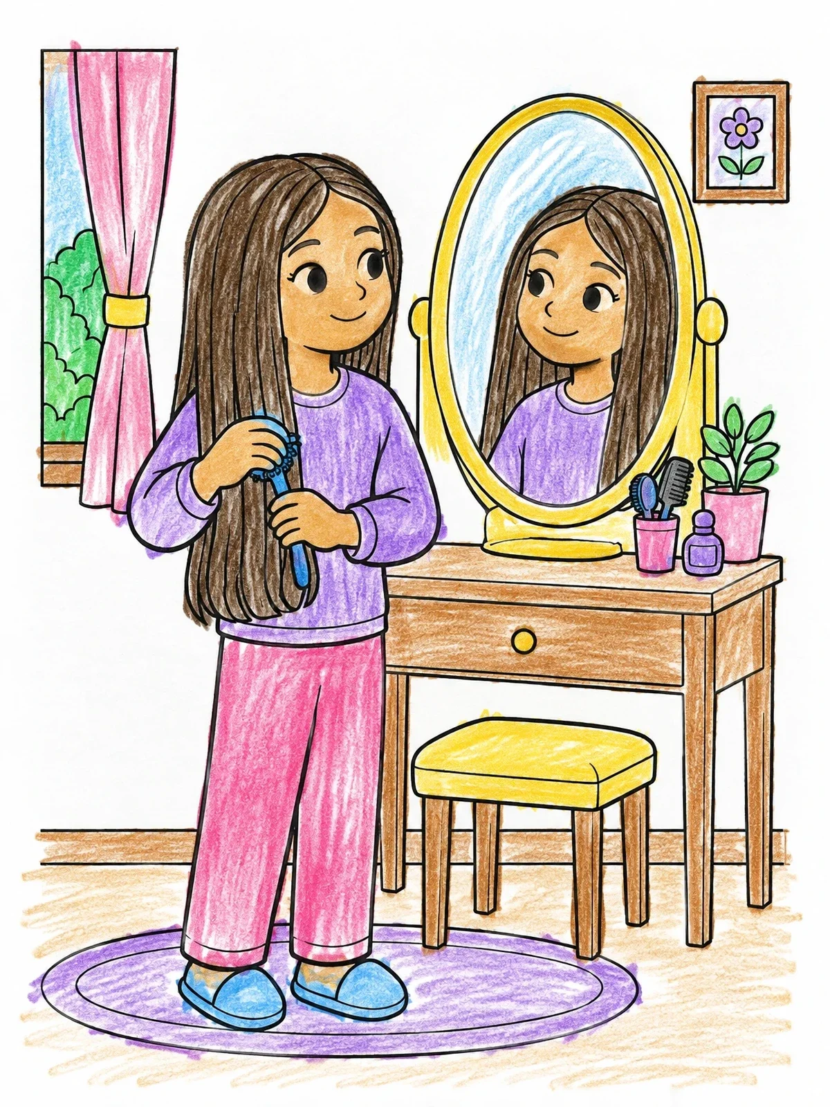 Colored example of the Girl Brushing Long Hair At Vanity coloring page