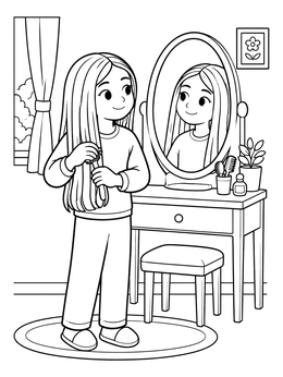 Free printable Girl Brushing Long Hair At Vanity coloring page
