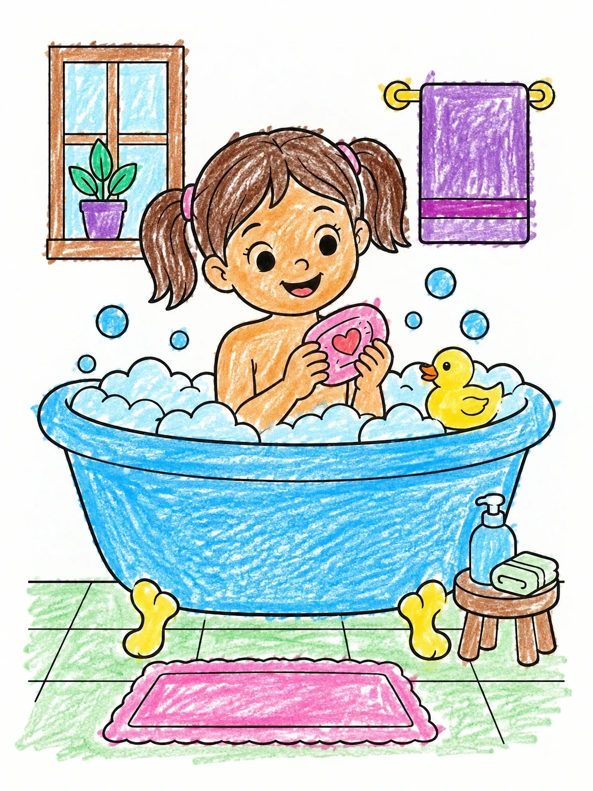 Colored example of the Girl Taking A Bubble Bath With Soap coloring page