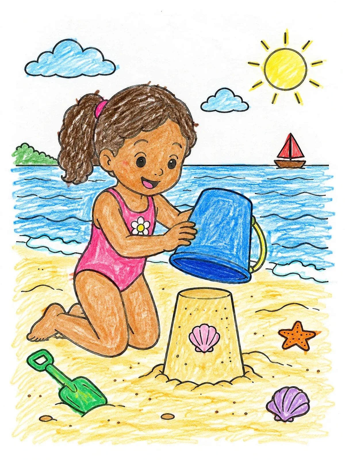 Colored example of the Girl Building A Sandcastle coloring page