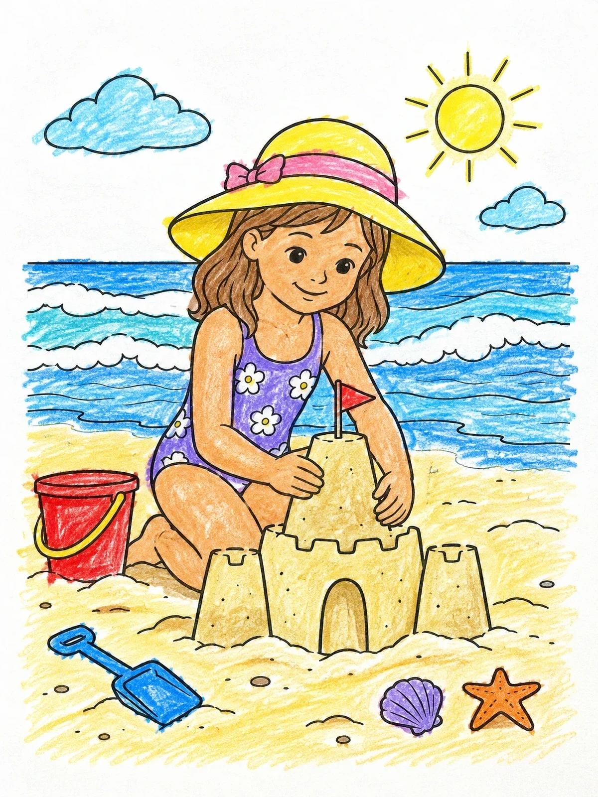 Colored example of the Girl Building A Castle On The Beach coloring page