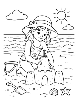 A happy child plays beside waves in this sand castle coloring page.
