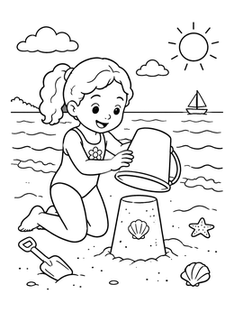 A cheerful girl lifts a bucket on this sand castle coloring page at the beach.