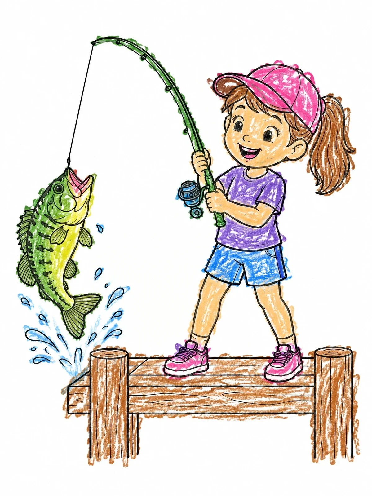 Colored example of the Girl Catching A Bass From The Dock coloring page