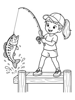 Free printable Girl Catching A Bass From The Dock coloring page