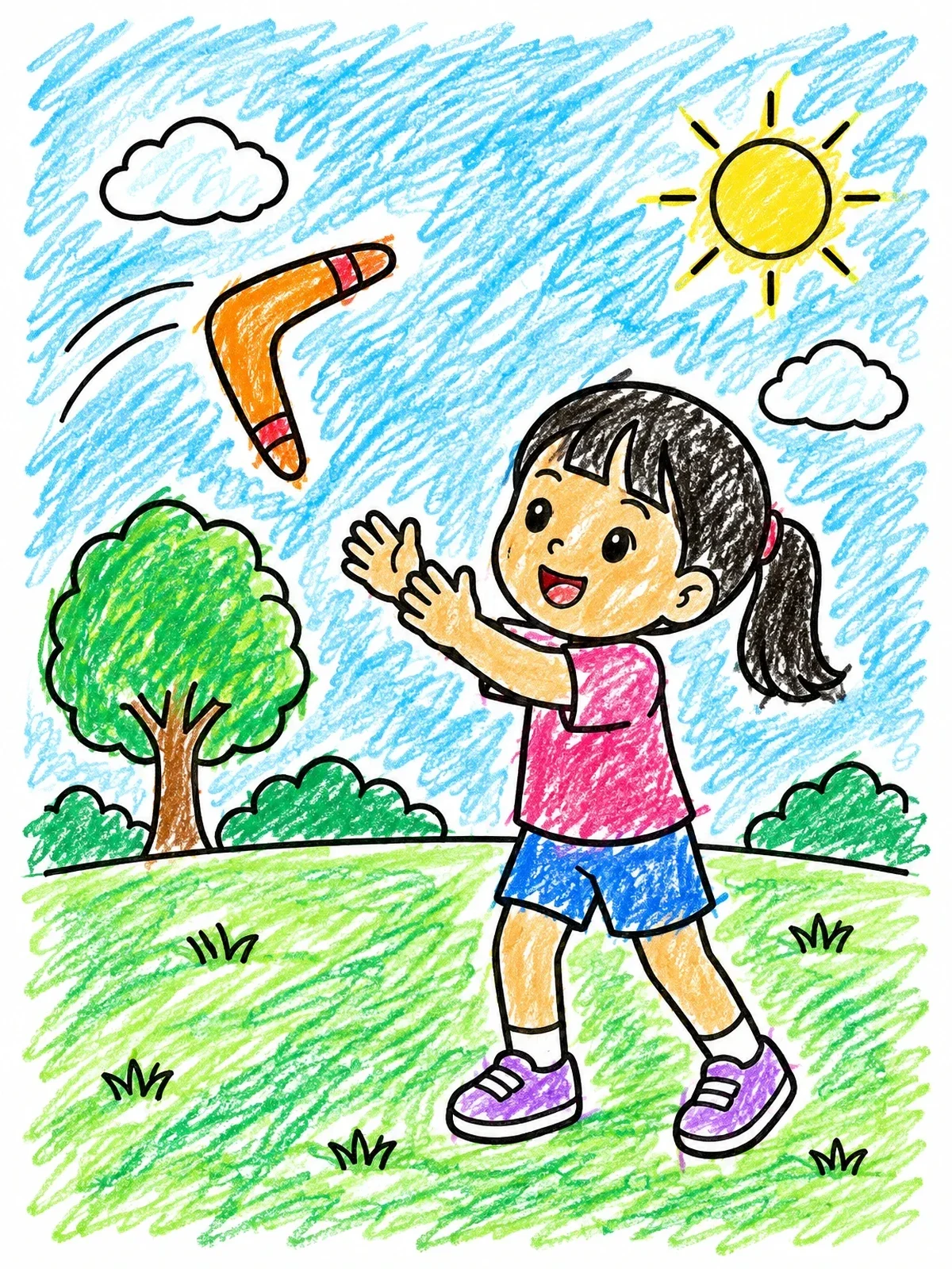 Colored example of the Girl Catching A Boomerang In The Park coloring page