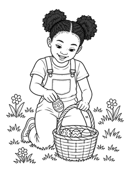 A cheerful girl in an easter egg coloring page putting patterned eggs into a basket.