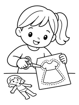 Free printable Girl Cutting Out Paper Doll Dress coloring page