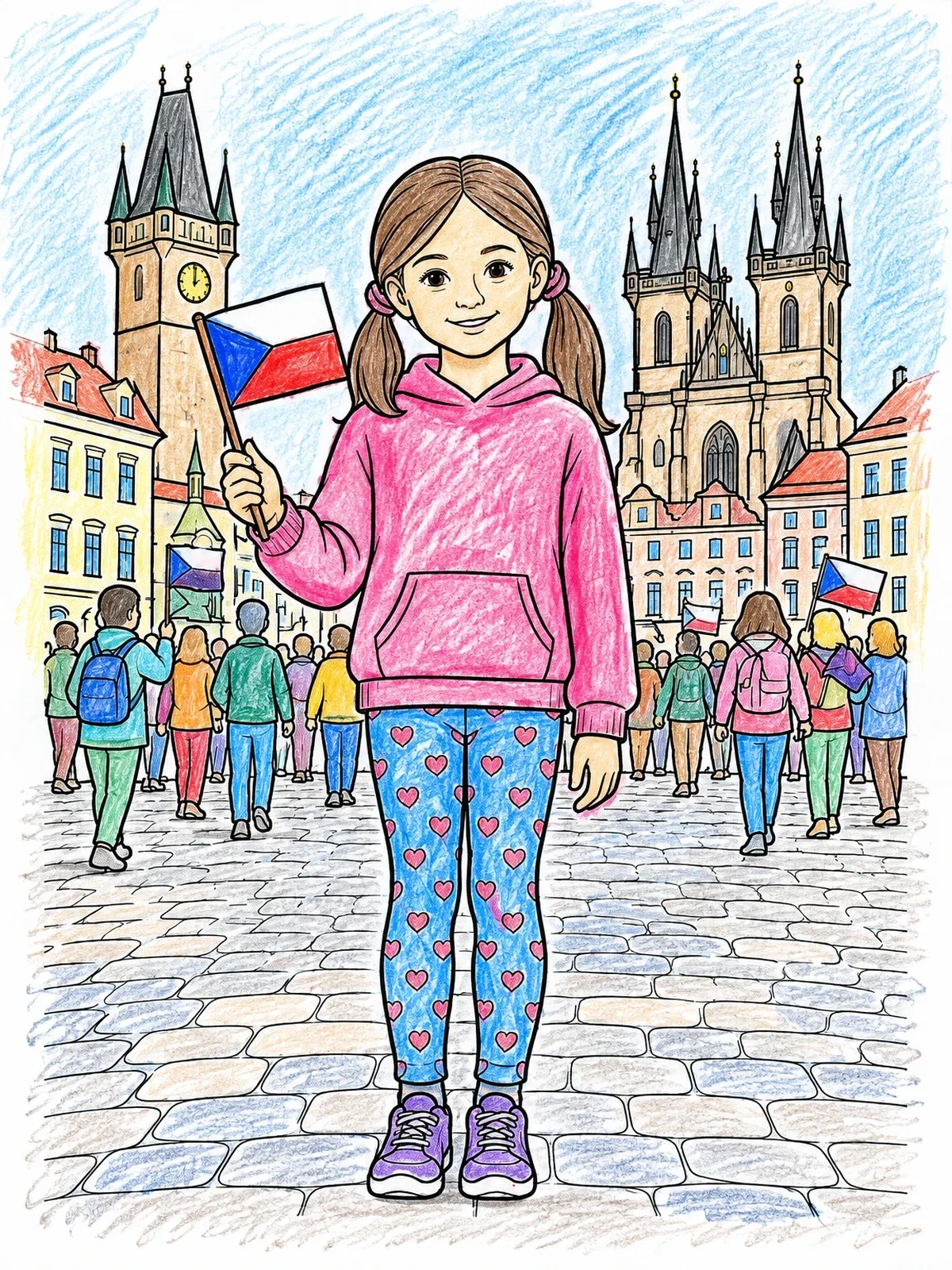 Colored example of the Girl With Czech Flag In Prague Square coloring page