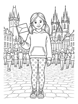 Free printable Girl With Czech Flag In Prague Square coloring page