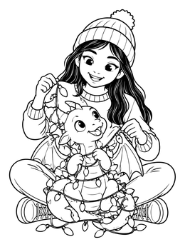 A girl untangles fairy lights around a baby in this christmas dragon coloring page.
