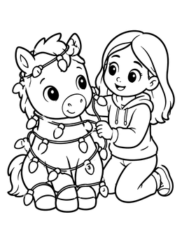 Free printable Girl Decorating Chubby Pony With Lights coloring page