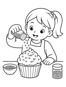 Free printable Girl Decorating Cupcake With Sprinkles coloring page