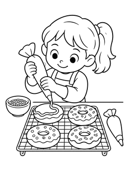 A cheerful girl decorating treats on this donut coloring page.
