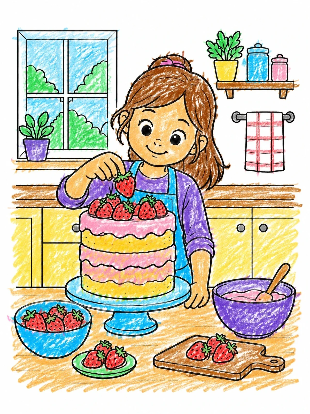 Colored example of the Girl Decorating Strawberry Cake coloring page