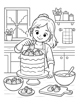 A cheerful girl tops a layered cake in this cute strawberry coloring page.
