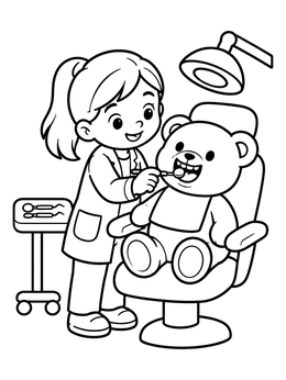 Free printable Little Girl Checking Teddy Bear Teeth coloring page