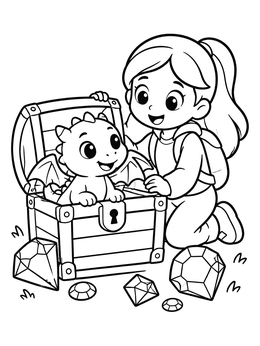 A cheerful girl opening a treasure chest with a cute dragon coloring page.
