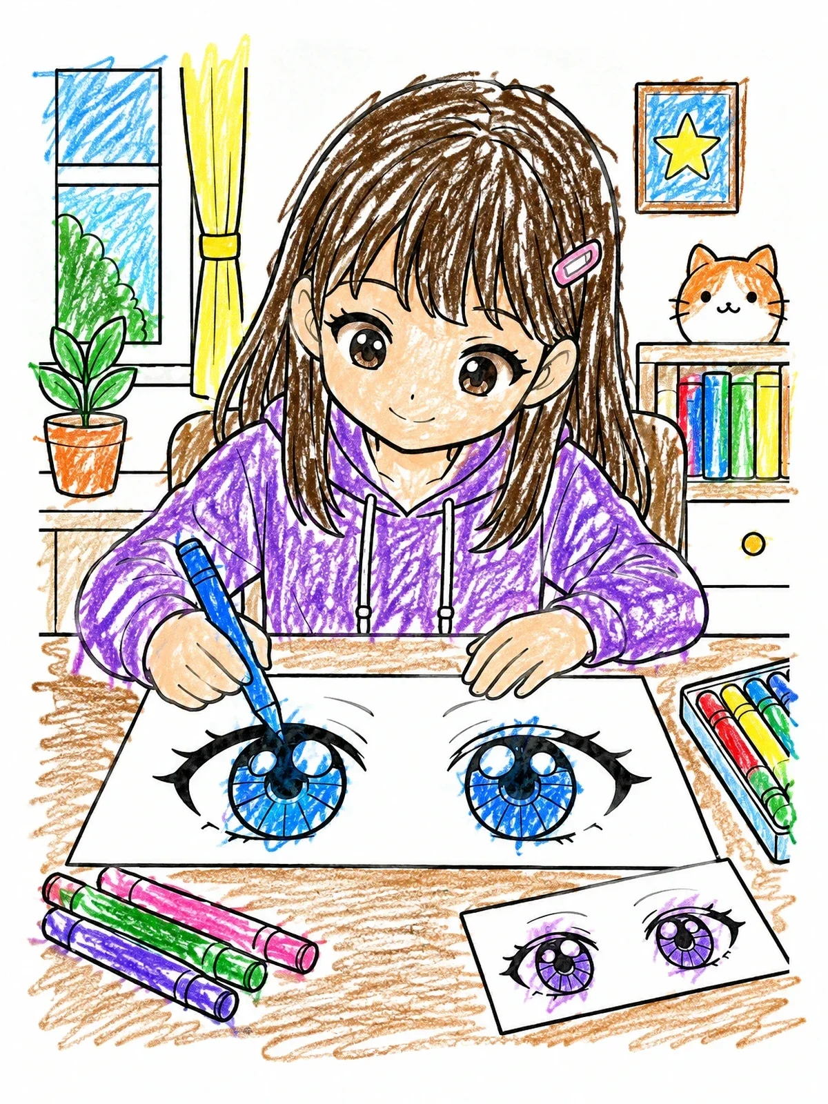 Colored example of the Girl Drawing Cute Anime Eyes coloring page