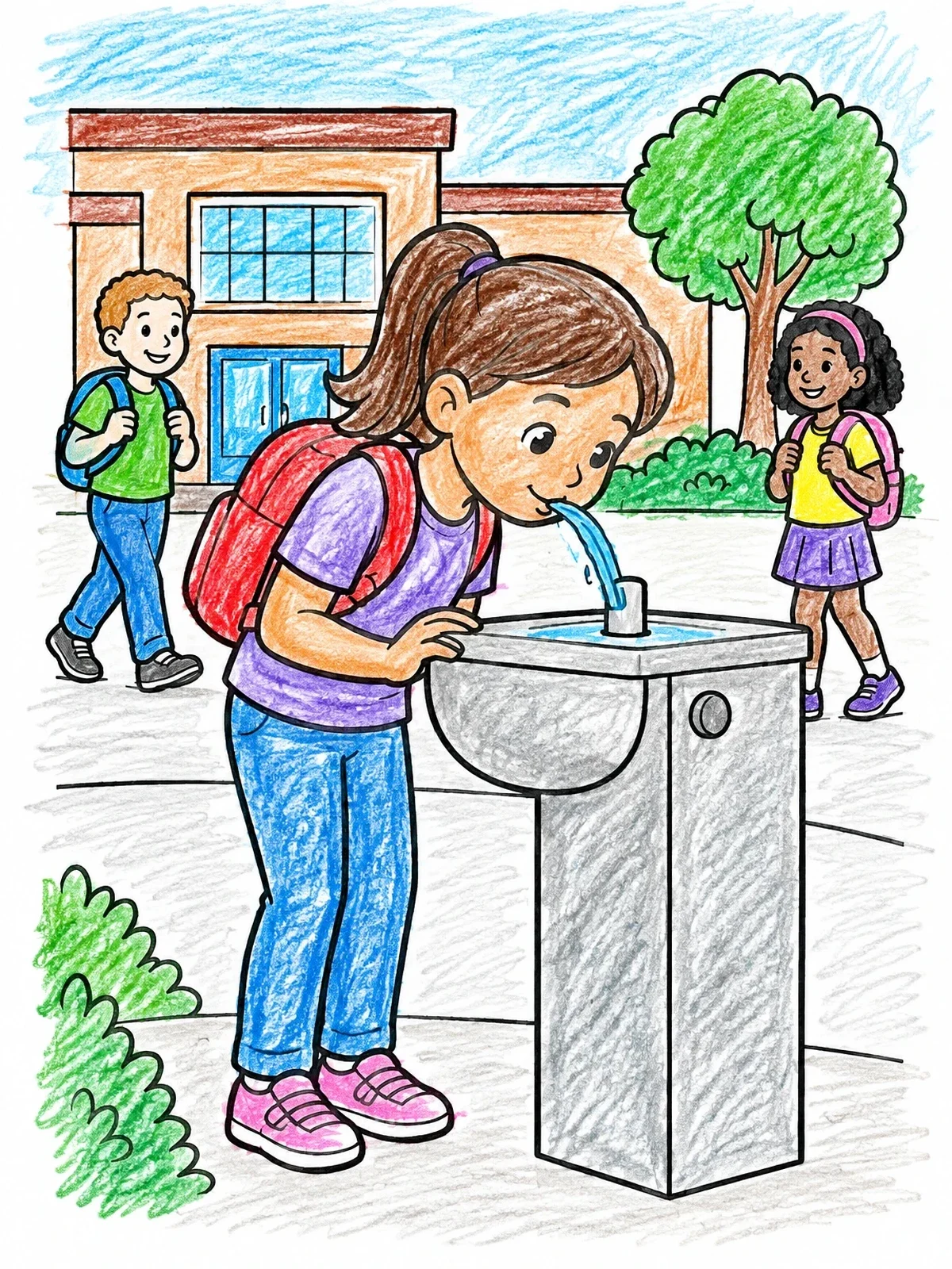 Colored example of the Girl At School Water Fountain coloring page