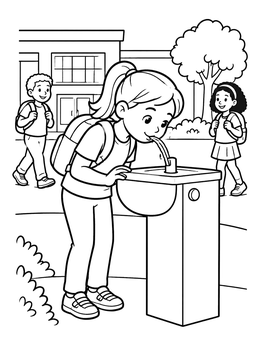 Free printable Girl At School Water Fountain coloring page