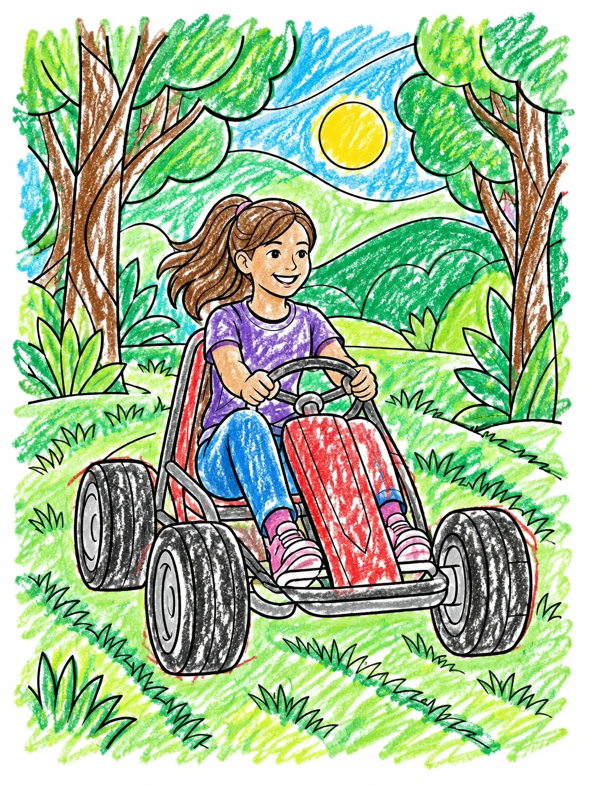 Colored example of the Girl Driving Go Kart Outdoors coloring page