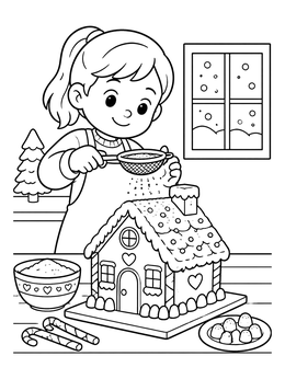 Free printable Girl Dusting Sugar On Gingerbread House coloring page