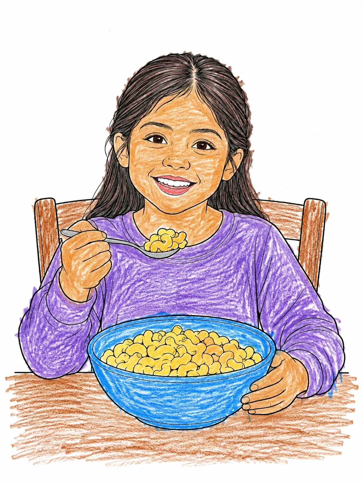 Colored example of the Girl Eating Macaroni And Cheese coloring page