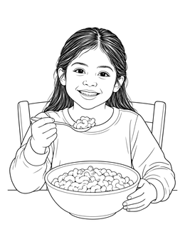 A smiling girl eating lunch on this cheese coloring page.