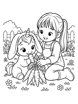 Free printable Little Girl Feeding Baby Easter Unicorn coloring page