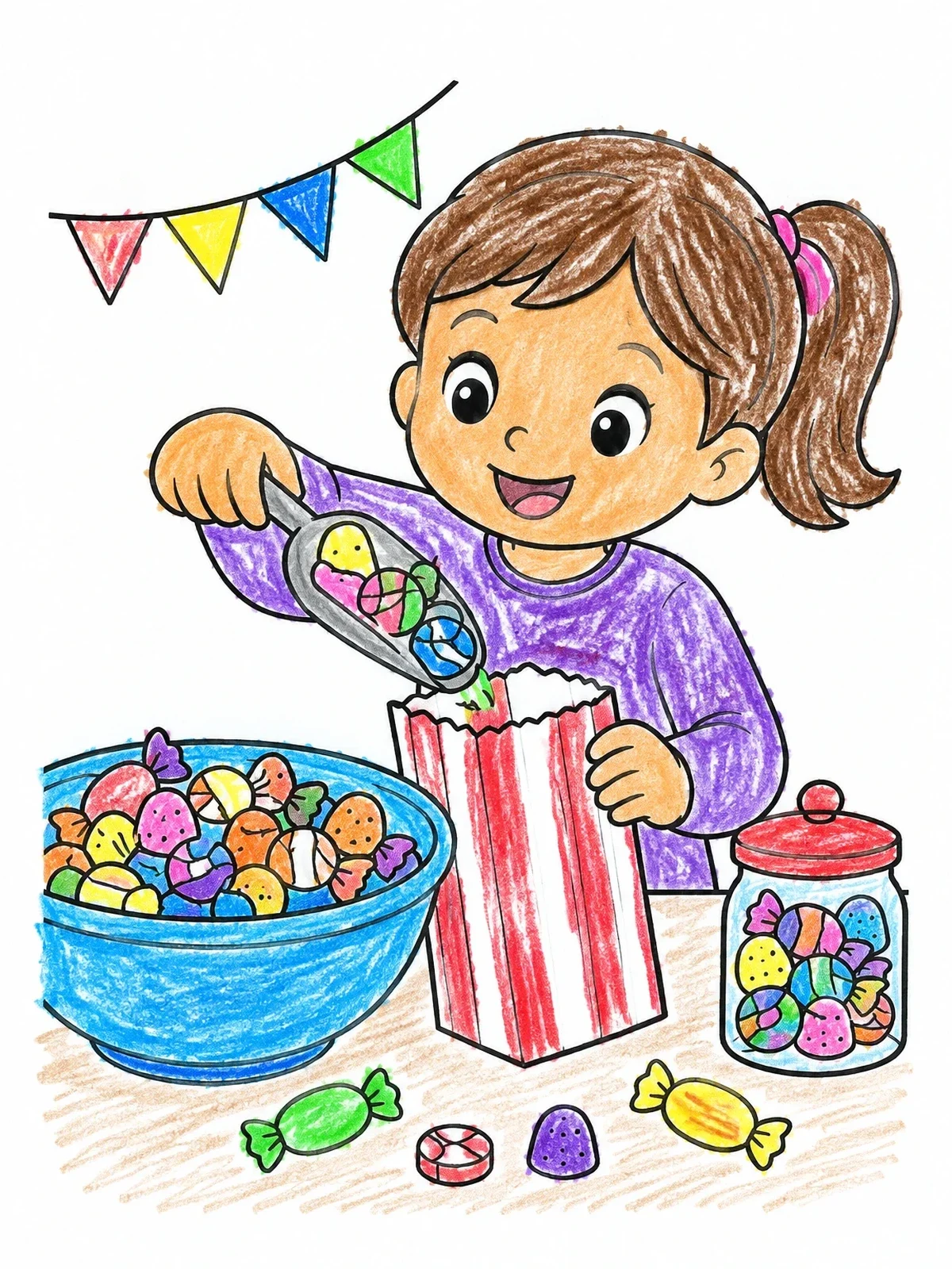Colored example of the Girl Filling A Candy Party Bag coloring page