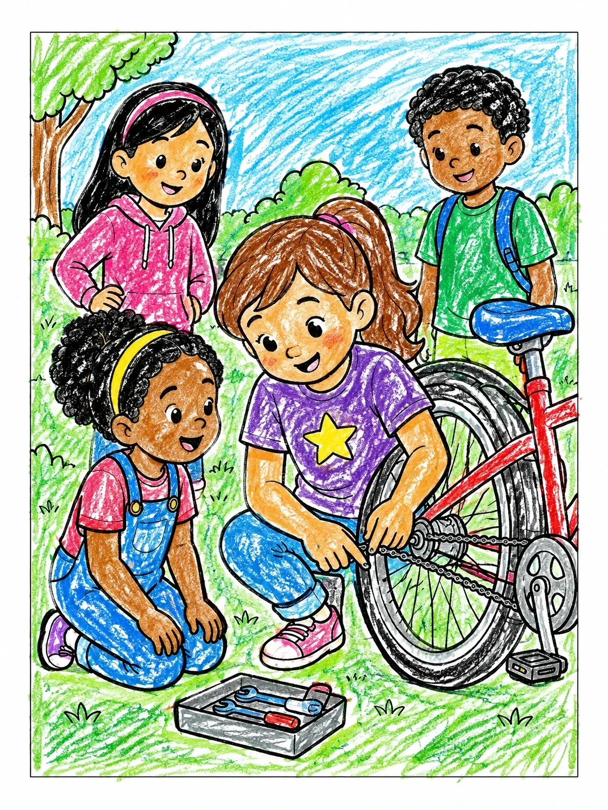 Colored example of the Girl Fixing A Bicycle Chain coloring page