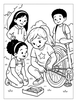 Free printable Girl Fixing A Bicycle Chain coloring page