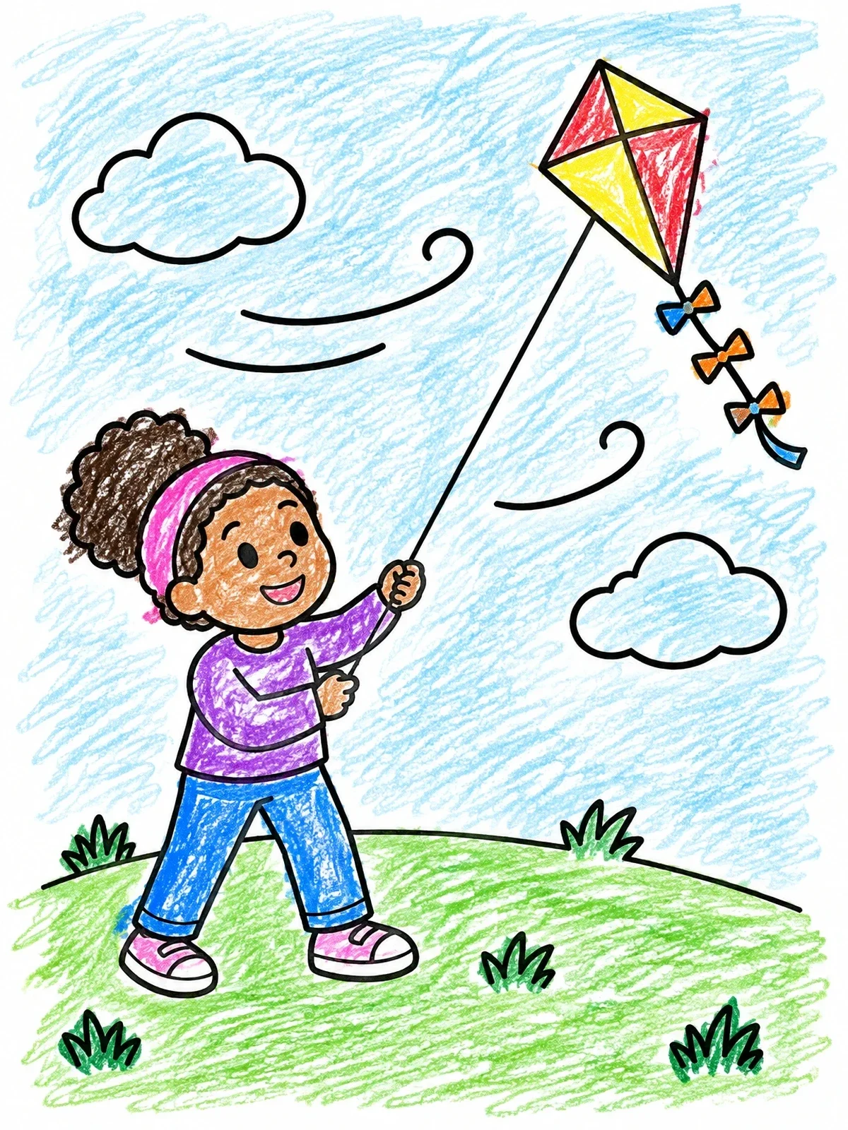 Colored example of the Girl Flying A Kite coloring page