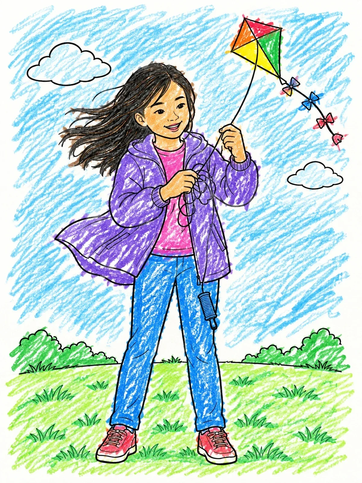 Colored example of the Girl Flying Kite On Windy Day coloring page