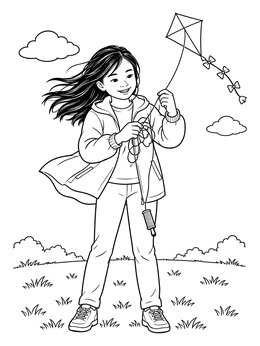 A smiling girl untangling string outdoors in this windy day coloring page.