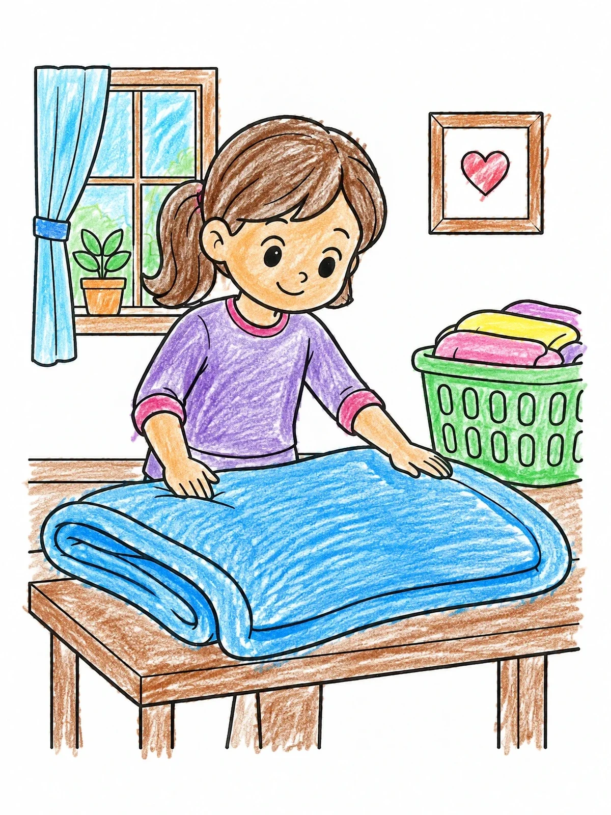 Colored example of the Girl Folding A Warm Blanket coloring page