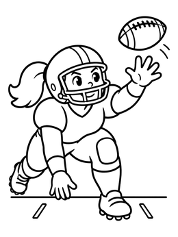 A young girl in uniform on a football coloring page reaches to block a pass.