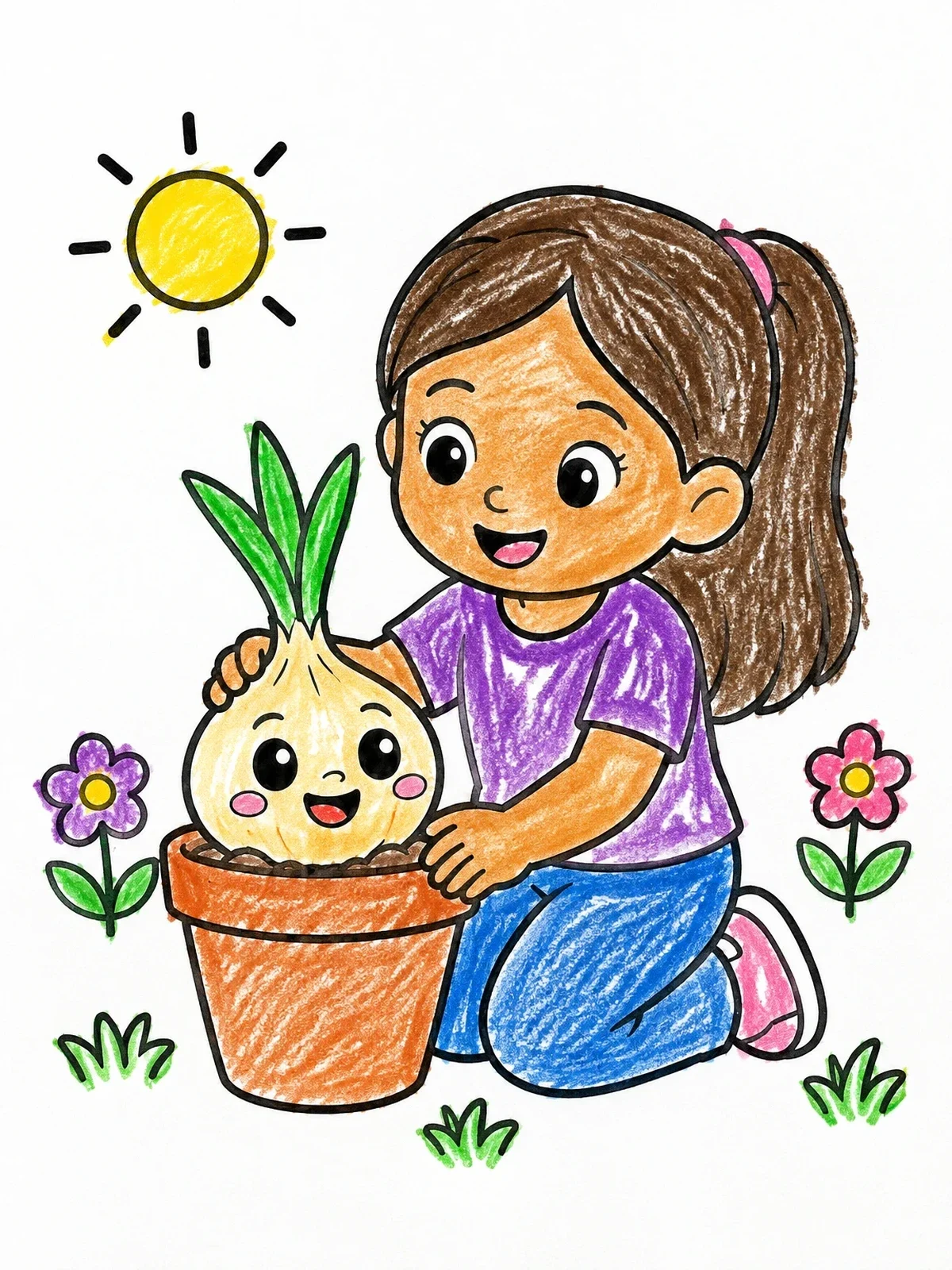 Colored example of the Girl Gardening With Cute Onion coloring page