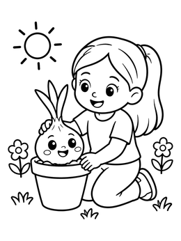 Free printable Girl Gardening With Cute Onion coloring page
