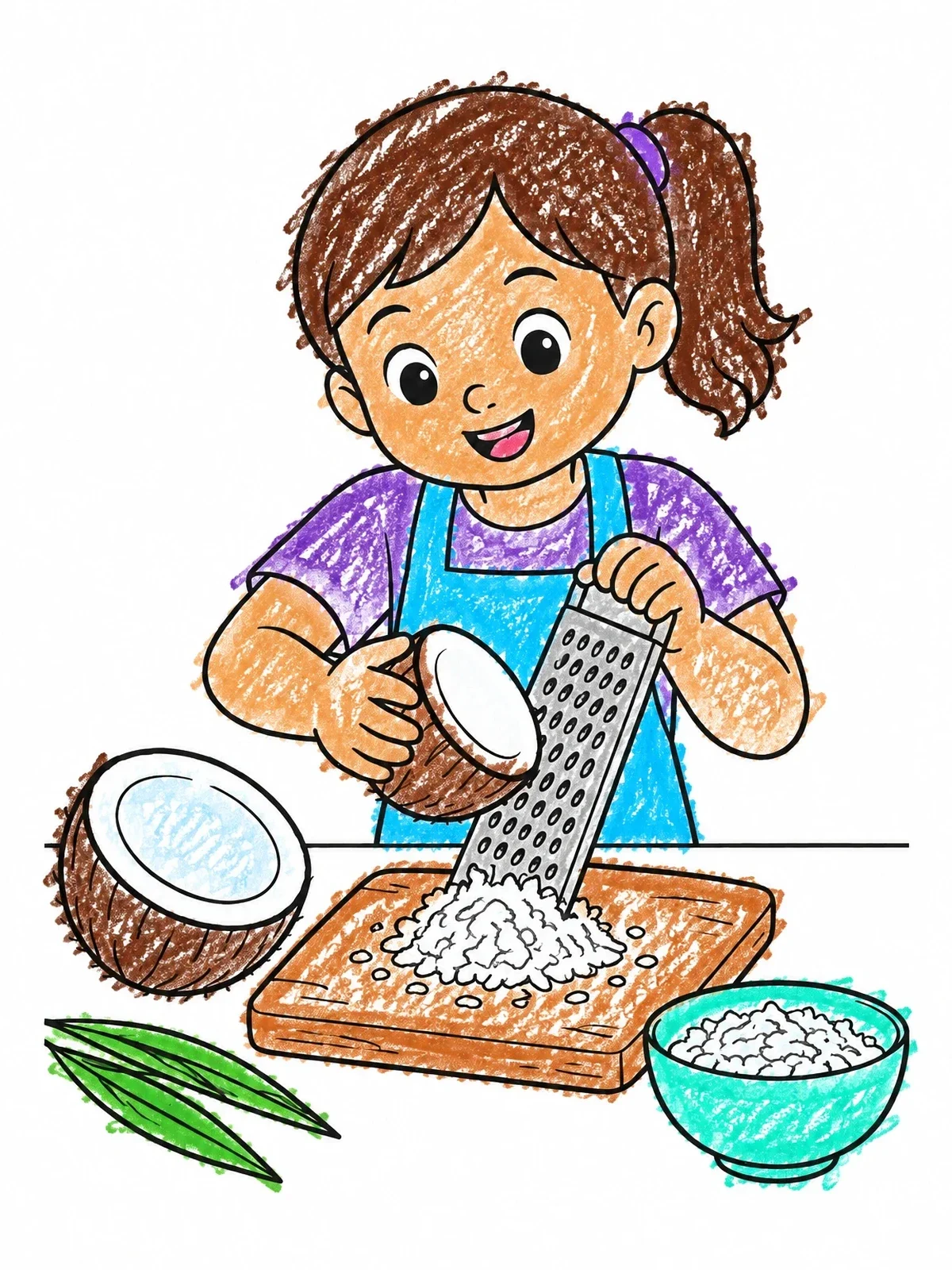 Colored example of the Girl Grating Fresh Coconut coloring page