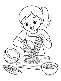 A cheerful girl in this coconut coloring page grates fresh coconut at a kitchen table.