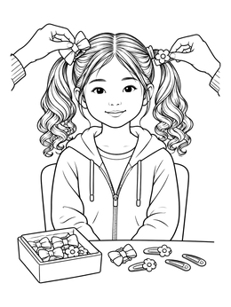A young girl smiles in this hair salon coloring page as her pigtails are decorated with cute bows.