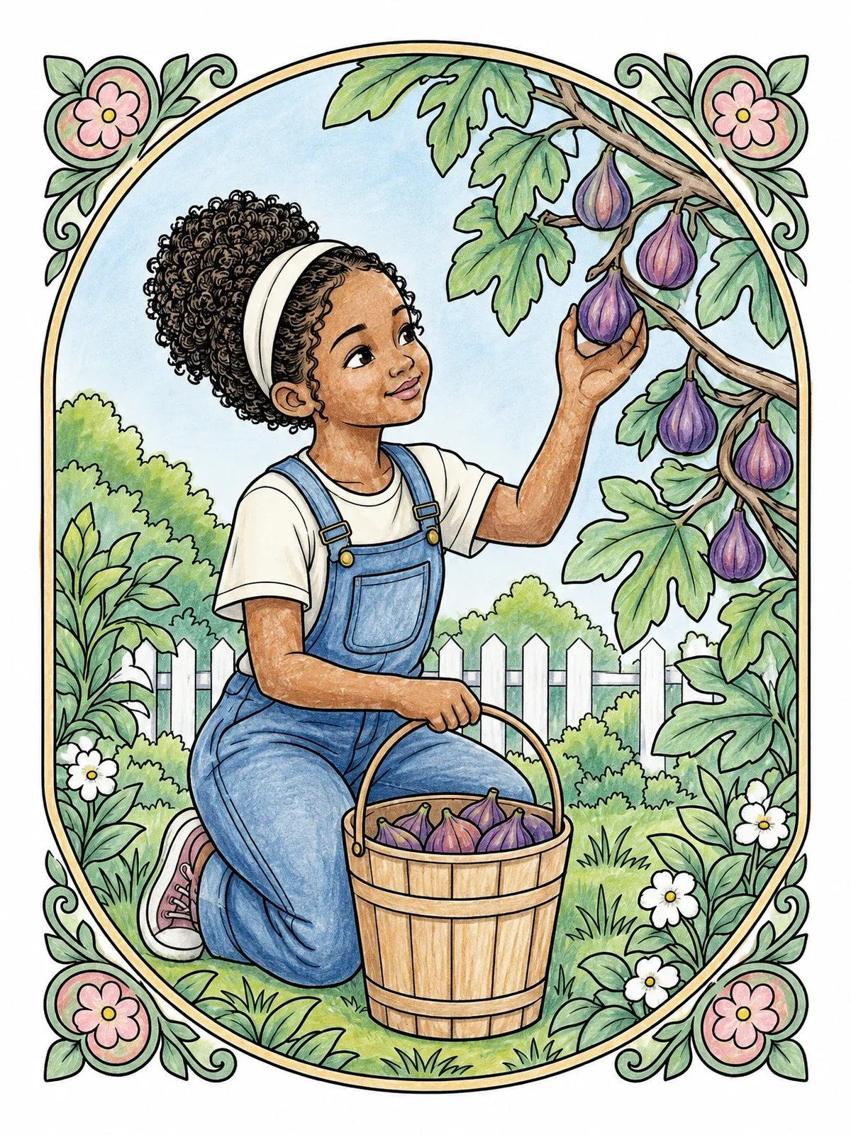 Colored example of the Girl Harvesting Garden Figs coloring page