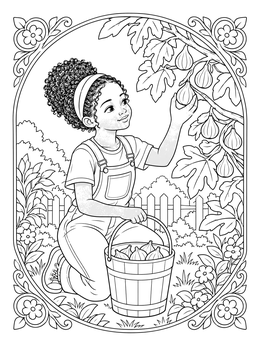 A young girl harvesting fruit in this fig tree coloring page.